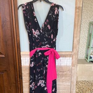 Eliza J dark navy Floral High Low Dress with Pink Belt